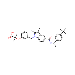 Cc1c(C)n(Cc2cccc(OC(C)(C)C(=O)O)c2)c2ccc(C(=O)N[C@@H](C)c3ccc(C(C)(C)C)cc3)cc12 ZINC000206000535