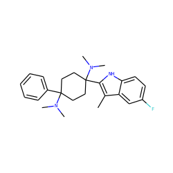 Cc1c(C2(N(C)C)CCC(c3ccccc3)(N(C)C)CC2)[nH]c2ccc(F)cc12 ZINC000147083708