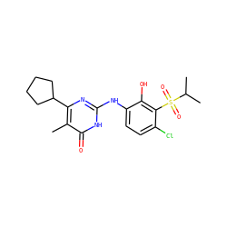 Cc1c(C2CCCC2)nc(Nc2ccc(Cl)c(S(=O)(=O)C(C)C)c2O)[nH]c1=O ZINC000299841155