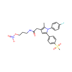 Cc1c(CC(=O)NCCCO[N+](=O)[O-])cc(-c2ccc(S(C)(=O)=O)cc2)n1-c1ccc(F)cc1 ZINC000103232556
