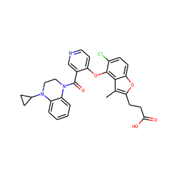 Cc1c(CCC(=O)O)oc2ccc(Cl)c(Oc3ccncc3C(=O)N3CCN(C4CC4)c4ccccc43)c12 ZINC000169349734