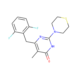 Cc1c(Cc2c(F)cccc2F)nc(N2CCSCC2)[nH]c1=O ZINC000011328259