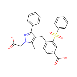Cc1c(Cc2ccc(C(=O)O)cc2S(=O)(=O)c2ccccc2)c(-c2ccccc2)nn1CC(=O)O ZINC000103237930