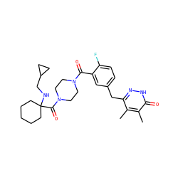 Cc1c(Cc2ccc(F)c(C(=O)N3CCN(C(=O)C4(NCC5CC5)CCCCC4)CC3)c2)n[nH]c(=O)c1C ZINC000045391177
