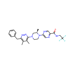 Cc1c(Cc2ccccc2)nnc(N2CCN(c3cnc(C(=O)NCC(F)(F)F)cn3)[C@H](C)C2)c1C ZINC000201143881