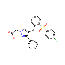 Cc1c(Cc2ccccc2S(=O)(=O)c2ccc(Cl)cc2)c(-c2ccccc2)nn1CC(=O)O ZINC000103237975