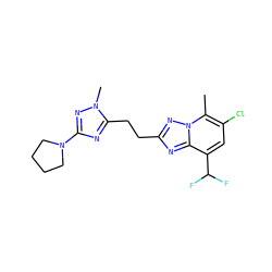 Cc1c(Cl)cc(C(F)F)c2nc(CCc3nc(N4CCCC4)nn3C)nn12 ZINC000142790617