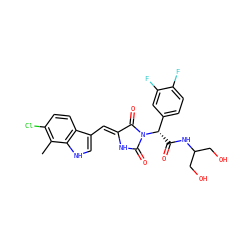 Cc1c(Cl)ccc2c(/C=C3\NC(=O)N([C@@H](C(=O)NC(CO)CO)c4ccc(F)c(F)c4)C3=O)c[nH]c12 ZINC000169323975