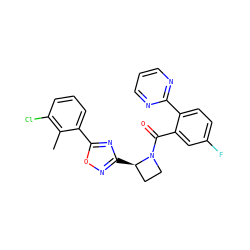Cc1c(Cl)cccc1-c1nc([C@@H]2CCN2C(=O)c2cc(F)ccc2-c2ncccn2)no1 ZINC001772646601