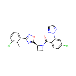 Cc1c(Cl)cccc1-c1noc([C@@H]2CCN2C(=O)c2ccc(Cl)cc2-n2nccn2)n1 ZINC000218111310