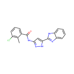 Cc1c(Cl)cccc1C(=O)Nc1cc(-c2nc3ccccc3[nH]2)[nH]n1 ZINC000653808398