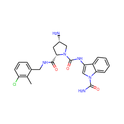 Cc1c(Cl)cccc1CNC(=O)[C@@H]1C[C@H](N)CN1C(=O)Nc1cn(C(N)=O)c2ccccc12 ZINC000143984105