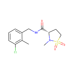 Cc1c(Cl)cccc1CNC(=O)[C@@H]1CCS(=O)(=O)N1C ZINC000095565103