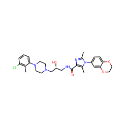 Cc1c(Cl)cccc1N1CCN(C[C@H](O)CNC(=O)c2nc(C)n(-c3ccc4c(c3)OCCO4)c2C)CC1 ZINC000072106720