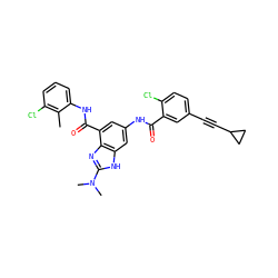 Cc1c(Cl)cccc1NC(=O)c1cc(NC(=O)c2cc(C#CC3CC3)ccc2Cl)cc2[nH]c(N(C)C)nc12 ZINC000218695963