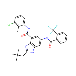 Cc1c(Cl)cccc1NC(=O)c1cc(NC(=O)c2ccccc2C(F)(F)F)cc2[nH]c(CC(C)(C)C)nc12 ZINC000205655098