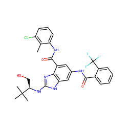 Cc1c(Cl)cccc1NC(=O)c1cc(NC(=O)c2ccccc2C(F)(F)F)cc2[nH]c(N[C@H](CO)C(C)(C)C)nc12 ZINC000205653890
