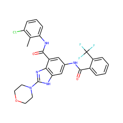 Cc1c(Cl)cccc1NC(=O)c1cc(NC(=O)c2ccccc2C(F)(F)F)cc2[nH]c(N3CCOCC3)nc12 ZINC000205654503