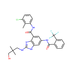 Cc1c(Cl)cccc1NC(=O)c1cc(NC(=O)c2ccccc2C(F)(F)F)cc2[nH]c(NCC(C)(C)CO)nc12 ZINC000205653567
