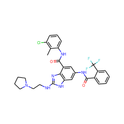 Cc1c(Cl)cccc1NC(=O)c1cc(NC(=O)c2ccccc2C(F)(F)F)cc2[nH]c(NCCN3CCCC3)nc12 ZINC000218688388