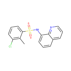 Cc1c(Cl)cccc1S(=O)(=O)Nc1cccc2cccnc12 ZINC000205634280