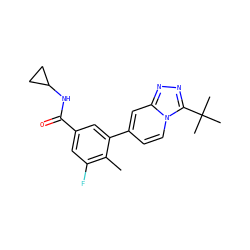 Cc1c(F)cc(C(=O)NC2CC2)cc1-c1ccn2c(C(C)(C)C)nnc2c1 ZINC000068119991