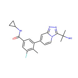 Cc1c(F)cc(C(=O)NC2CC2)cc1-c1ccn2c(C(C)(C)N)nnc2c1 ZINC000084741771
