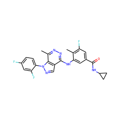 Cc1c(F)cc(C(=O)NC2CC2)cc1Nc1nnc(C)c2c1cnn2-c1ccc(F)cc1F ZINC000049035456