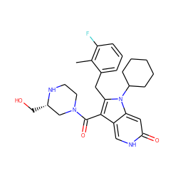 Cc1c(F)cccc1Cc1c(C(=O)N2CCN[C@@H](CO)C2)c2c[nH]c(=O)cc2n1C1CCCCC1 ZINC000072182494