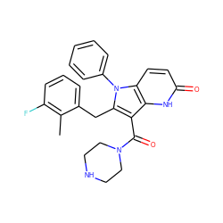 Cc1c(F)cccc1Cc1c(C(=O)N2CCNCC2)c2[nH]c(=O)ccc2n1-c1ccccc1 ZINC000072180118