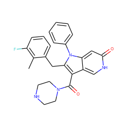 Cc1c(F)cccc1Cc1c(C(=O)N2CCNCC2)c2c[nH]c(=O)cc2n1-c1ccccc1 ZINC000072179998