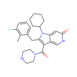 Cc1c(F)cccc1Cc1c(C(=O)N2CCNCC2)c2c[nH]c(=O)cc2n1C1CCCCC1 ZINC000072179984