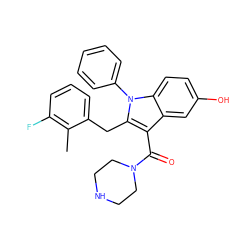 Cc1c(F)cccc1Cc1c(C(=O)N2CCNCC2)c2cc(O)ccc2n1-c1ccccc1 ZINC000064504095
