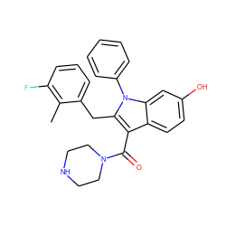 Cc1c(F)cccc1Cc1c(C(=O)N2CCNCC2)c2ccc(O)cc2n1-c1ccccc1 ZINC000064504093