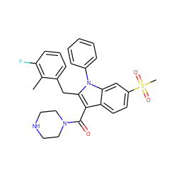 Cc1c(F)cccc1Cc1c(C(=O)N2CCNCC2)c2ccc(S(C)(=O)=O)cc2n1-c1ccccc1 ZINC000064512366