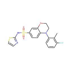 Cc1c(F)cccc1N1CCOc2cc(S(=O)(=O)Nc3nccs3)ccc21 ZINC000205726090