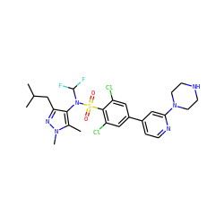 Cc1c(N(C(F)F)S(=O)(=O)c2c(Cl)cc(-c3ccnc(N4CCNCC4)c3)cc2Cl)c(CC(C)C)nn1C ZINC000199943064