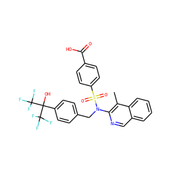 Cc1c(N(Cc2ccc(C(O)(C(F)(F)F)C(F)(F)F)cc2)S(=O)(=O)c2ccc(C(=O)O)cc2)ncc2ccccc12 ZINC000261162426