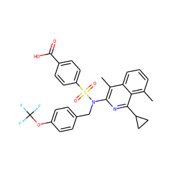 Cc1c(N(Cc2ccc(OC(F)(F)F)cc2)S(=O)(=O)c2ccc(C(=O)O)cc2)nc(C2CC2)c2c(C)cccc12 ZINC000261179704