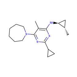 Cc1c(N[C@H]2C[C@@H]2C)nc(C2CC2)nc1N1CCCCCC1 ZINC000034802270