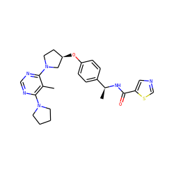 Cc1c(N2CCCC2)ncnc1N1CC[C@@H](Oc2ccc([C@H](C)NC(=O)c3cncs3)cc2)C1 ZINC000261130674