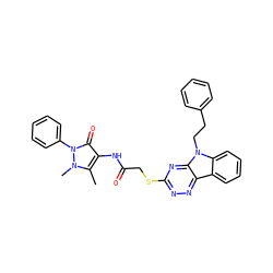 Cc1c(NC(=O)CSc2nnc3c4ccccc4n(CCc4ccccc4)c3n2)c(=O)n(-c2ccccc2)n1C ZINC000000708726