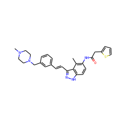 Cc1c(NC(=O)Cc2cccs2)ccc2[nH]nc(/C=C/c3cccc(CN4CCN(C)CC4)c3)c12 ZINC000049115711
