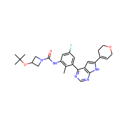 Cc1c(NC(=O)N2CC(OC(C)(C)C)C2)cc(F)cc1-c1ncnc2[nH]c(C3=CCOCC3)cc12 ZINC000143197116