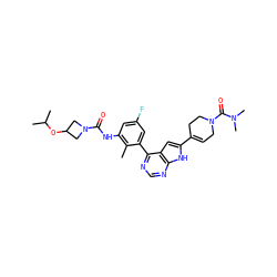 Cc1c(NC(=O)N2CC(OC(C)C)C2)cc(F)cc1-c1ncnc2[nH]c(C3=CCN(C(=O)N(C)C)CC3)cc12 ZINC000142926895