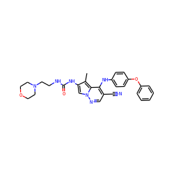Cc1c(NC(=O)NCCN2CCOCC2)cn2ncc(C#N)c(Nc3ccc(Oc4ccccc4)cc3)c12 ZINC000028569485