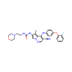 Cc1c(NC(=O)NCCN2CCOCC2)cn2ncc(C#N)c(Nc3ccc(Oc4ccccc4F)cc3)c12 ZINC000028567972