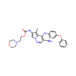 Cc1c(NC(=O)OCCN2CCOCC2)cn2ncc(C#N)c(Nc3ccc(Oc4ccccc4)cc3)c12 ZINC000028569482