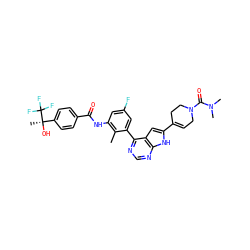 Cc1c(NC(=O)c2ccc([C@@](C)(O)C(F)(F)F)cc2)cc(F)cc1-c1ncnc2[nH]c(C3=CCN(C(=O)N(C)C)CC3)cc12 ZINC000142938608