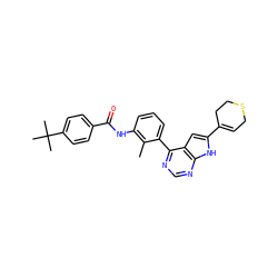 Cc1c(NC(=O)c2ccc(C(C)(C)C)cc2)cccc1-c1ncnc2[nH]c(C3=CCSCC3)cc12 ZINC000142980285